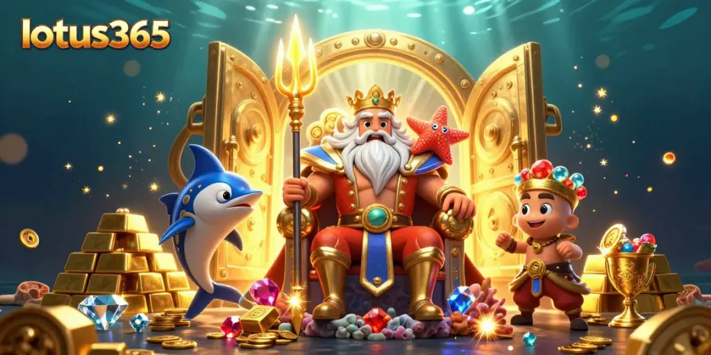 Engage with lotus365's thrilling casino atmosphere featuring Neptune and treasures in a vibrant scene.