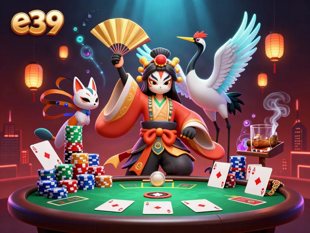 Engage in exciting poker action with e39 featuring vibrant 3D characters and lively casino elements.