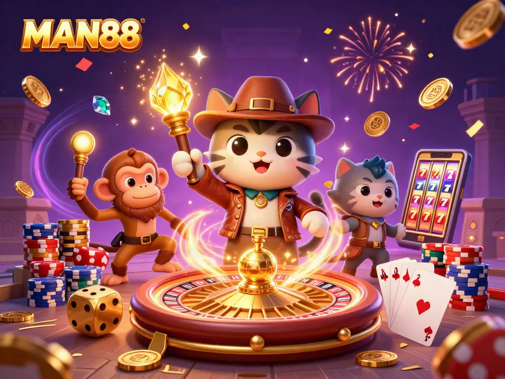 Experience the thrilling adventures of MAN88 in an exciting casino setting with dazzling gaming elements.