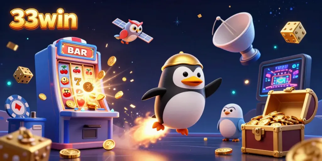 Experience exhilarating wins with 33win in a vibrant casino universe featuring a golden penguin and stunning jackpot.