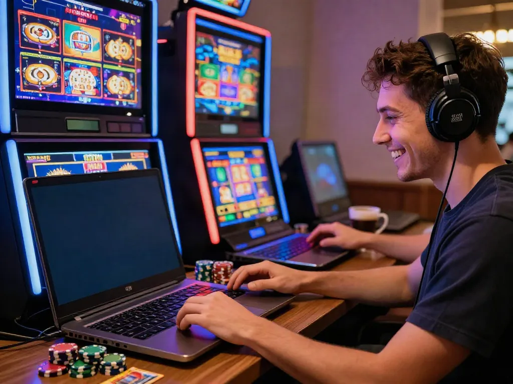 Player enjoying a bonus sans depot casino experience at home with colorful slot machine graphics.
