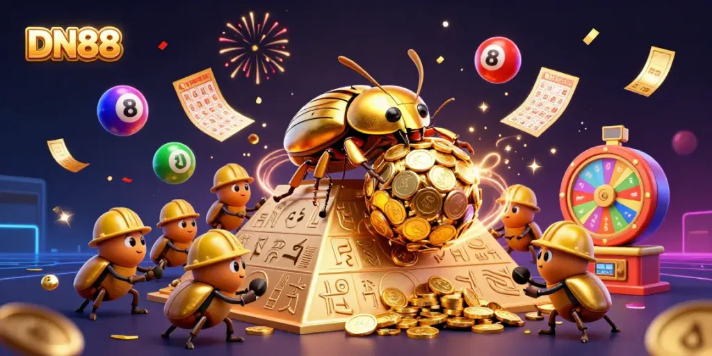 Experience the excitement of DN88 as a golden beetle rolls coins in a vibrant casino-themed illustration.