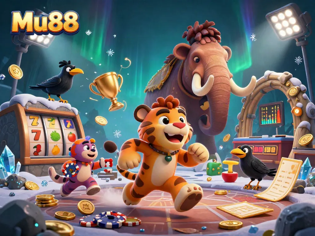 Experience thrilling slots at Mu88 with a cartoon caveman and saber-tooth duo in an exciting casino scene.