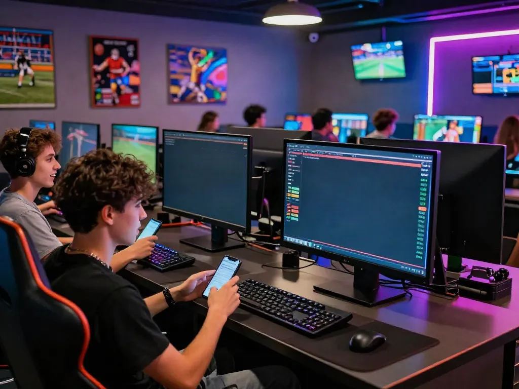 Exciting KU88 gaming lounge environment with young adults engaging in online betting.