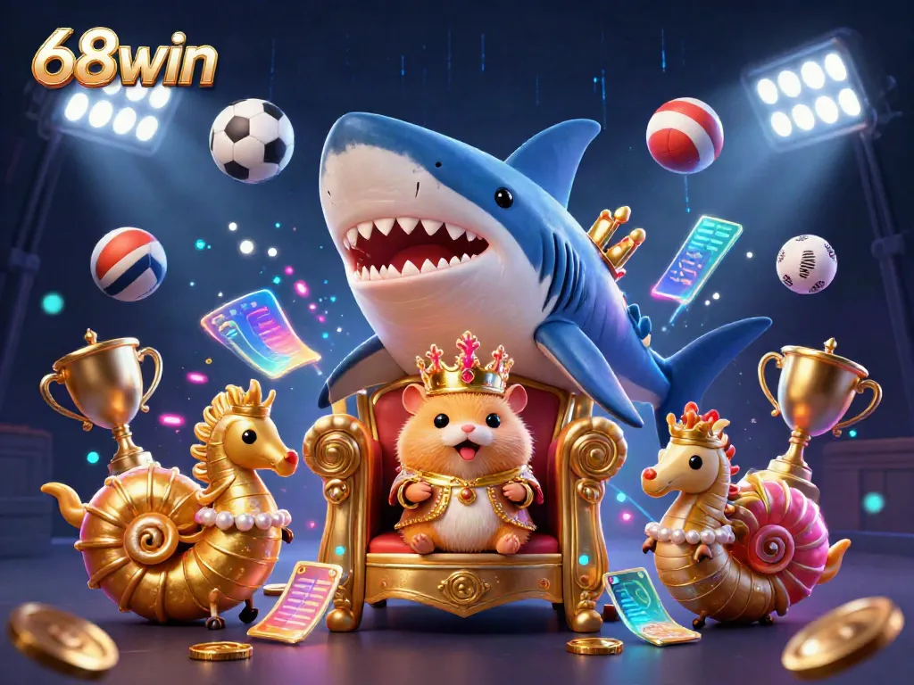 68win presents a captivating 3D illustration featuring a fierce golden hamster king and seahorse guards amidst dynamic casino elements.