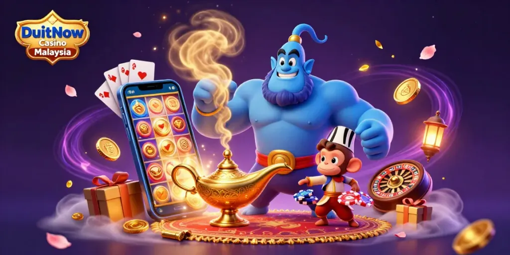 Experience the excitement of DuitNow Casino Malaysia with a vibrant 3D fantasy scene showcasing games and rewards.