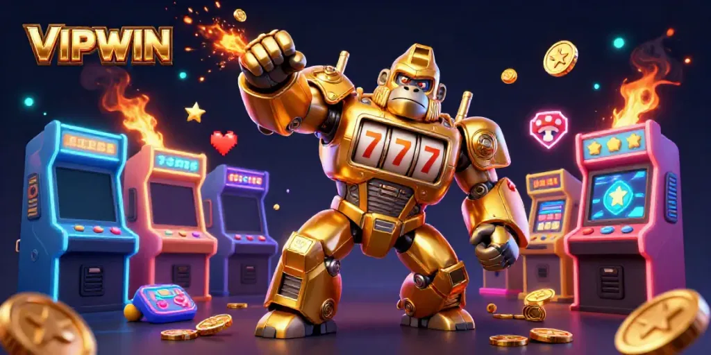 Experience the dynamic action of VIPWIN featuring a golden mech gorilla and colorful game elements.