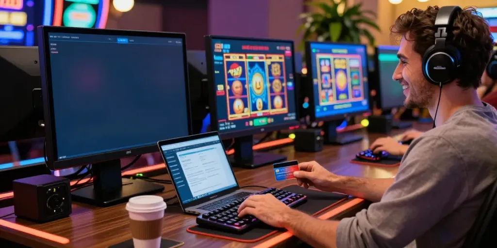 Player enjoying online credit card casinos experience at a modern gaming setup.