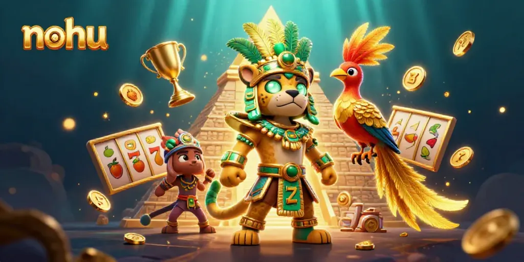 Experience exciting slots gaming with nohu's vibrant Mayan-themed illustration featuring dynamic casino elements.