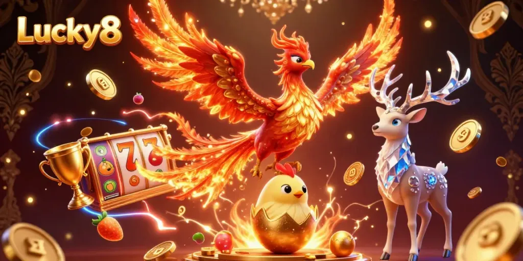Experience the excitement of Lucky8 with vibrant 3D illustration featuring a phoenix and slot elements.