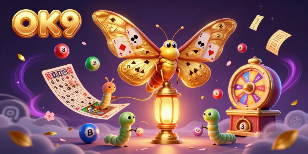 Experience OK9's thrilling gaming adventure with a golden moth and dynamic casino elements.