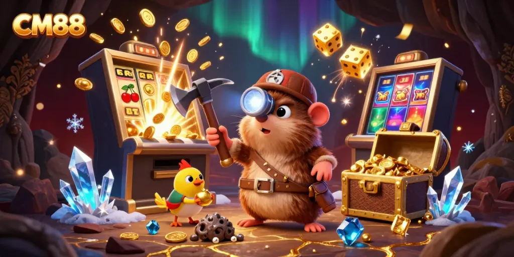 Experience the thrill of CM88 with a vibrant treasure hunt scene filled with slot machines, gems, and exciting casino elements.
