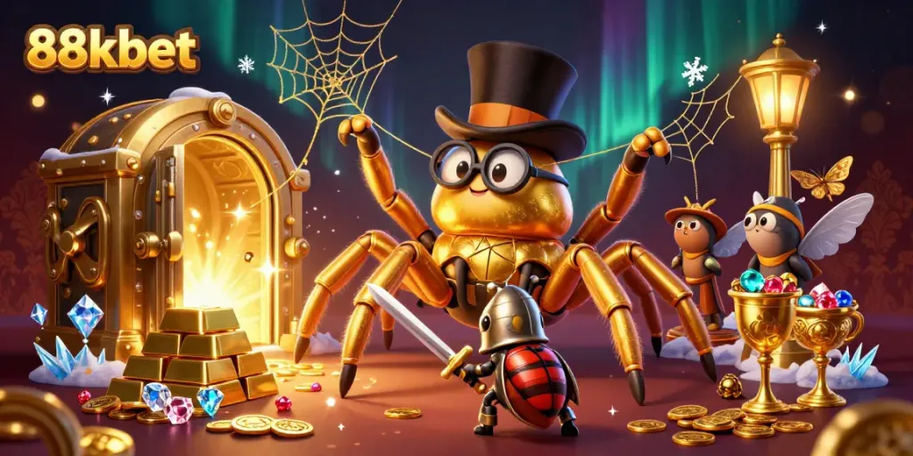 Experience the thrill of 88kbet with a dazzling casino scene featuring unique characters and vibrant elements.