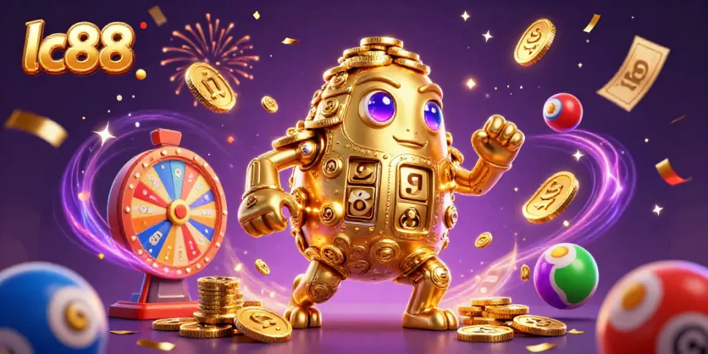 Experience thrilling gameplay with lc88's captivating 3D illustration featuring dynamic gaming symbols and a golden golem.