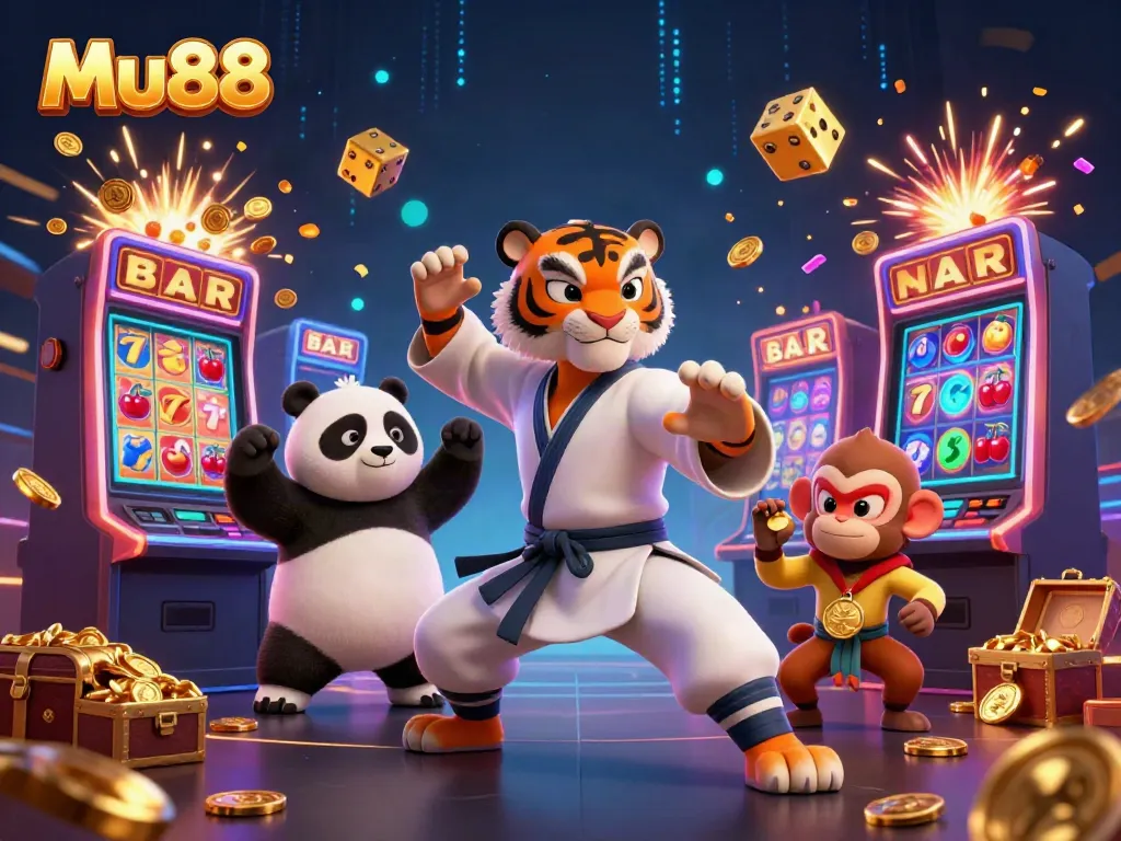 Exciting Mu88 casino scene with animated characters celebrating jackpots and gaming