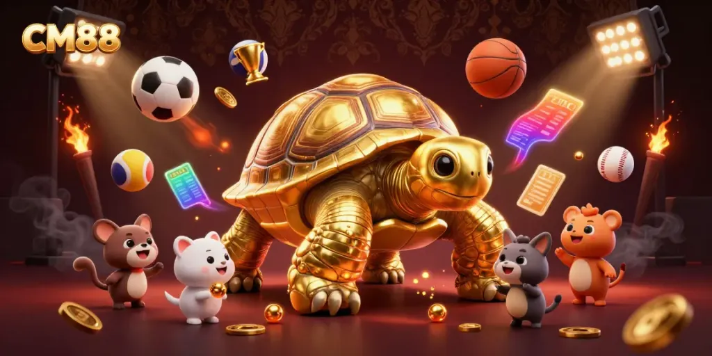Experience CM88's thrilling gaming with a vibrant 3D golden tortoise pinball machine surrounded by playful elements.