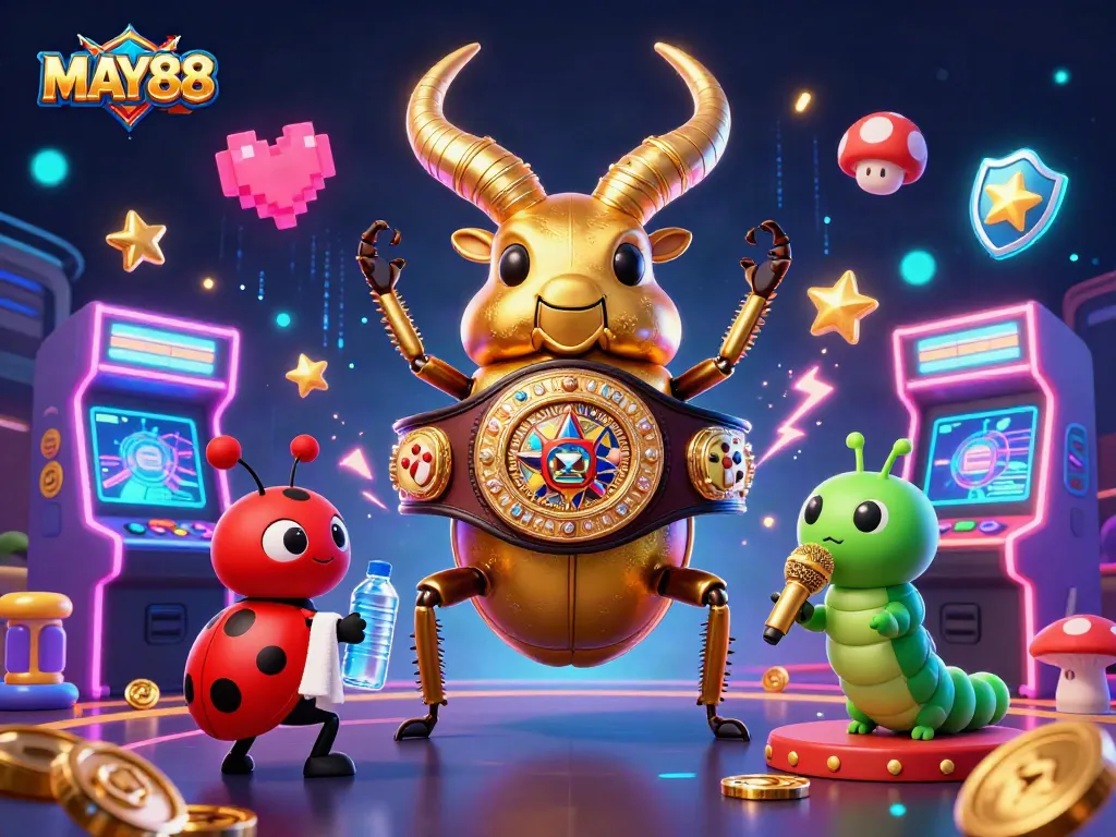 MAY88 engages players in a vibrant gambling experience with dynamic 3D characters and casino-themed elements.