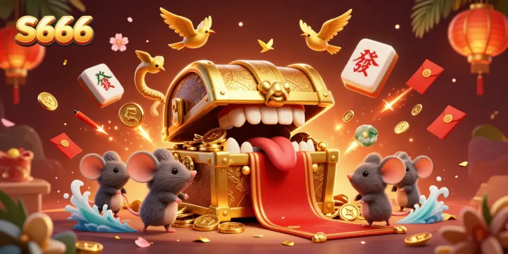 Experience the thrills at S666 with a vibrant treasure chest and dynamic gaming elements surrounded by luck-inspired imagery.