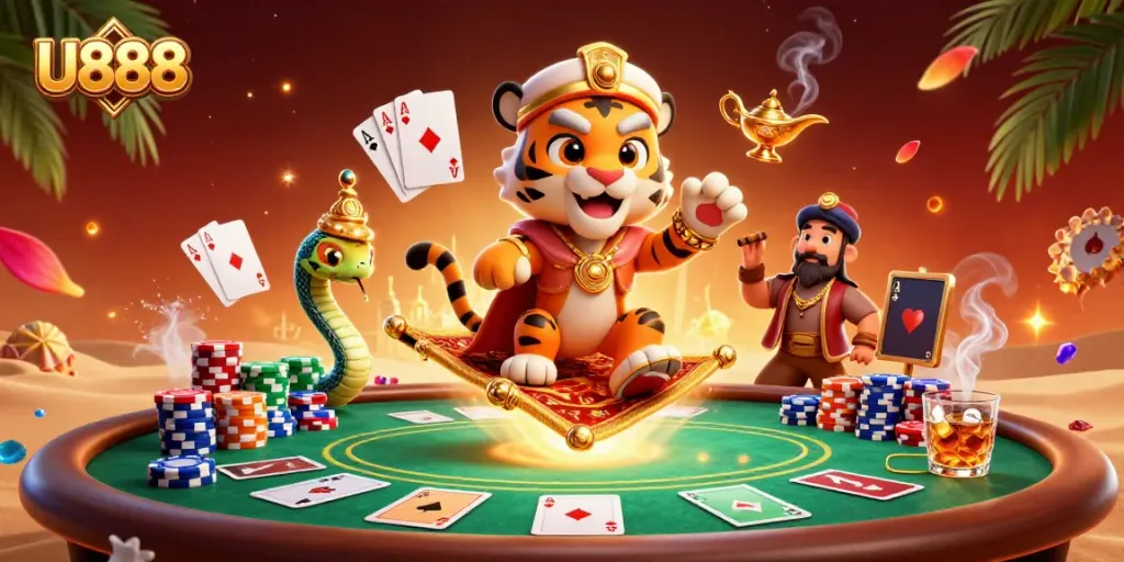 Engage with U888 as the tiger sultan navigates a vibrant desert casino scene rich with poker dynamics.