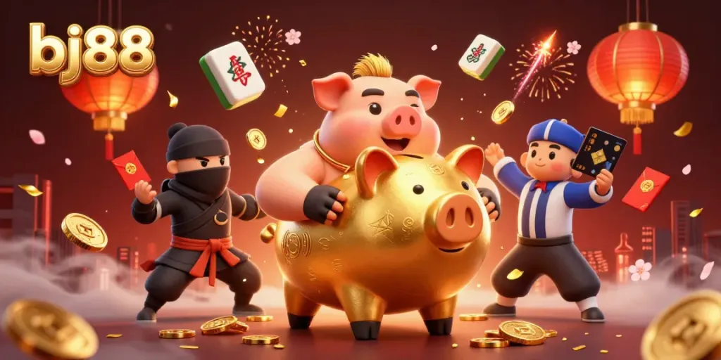 Experience the excitement of bj88 with a dynamic illustration featuring a golden piggy bank sumo wrestler amidst casino-themed elements.