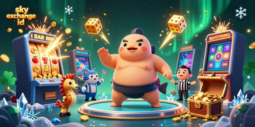 Engage with the thrilling world of Sky Exchange ID featuring a fugu character amidst a jackpot explosion and various betting symbols.