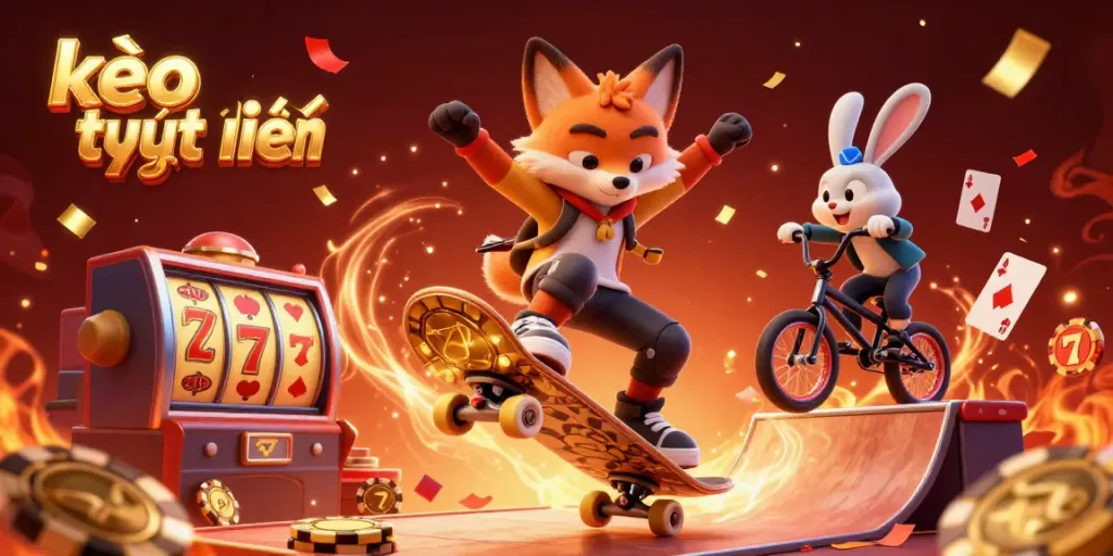 Bet on kèo trực tuyến with an exciting scene featuring a skateboarder fox and BMX rabbit surrounded by casino elements.