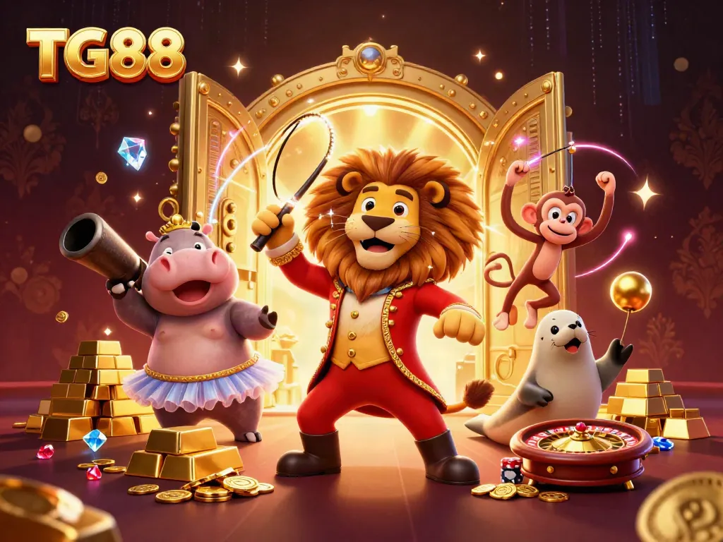 Engage with TG88's vibrant 3D casino scene showcasing interactive characters and glittering gaming elements.