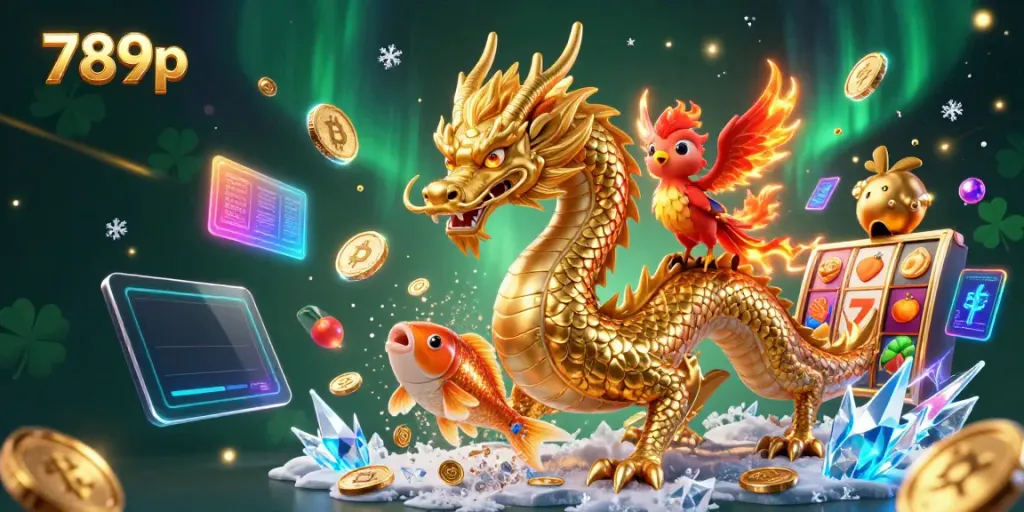 Engage with the fun of casino gaming through this 789p-themed digital illustration featuring a golden dragon amidst coins.