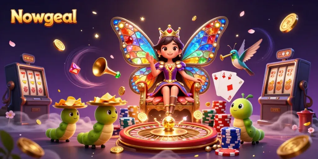 Experience thrilling gameplay with Nowgoal in this vibrant 3D illustration showcasing a butterfly queen and gambling elements.