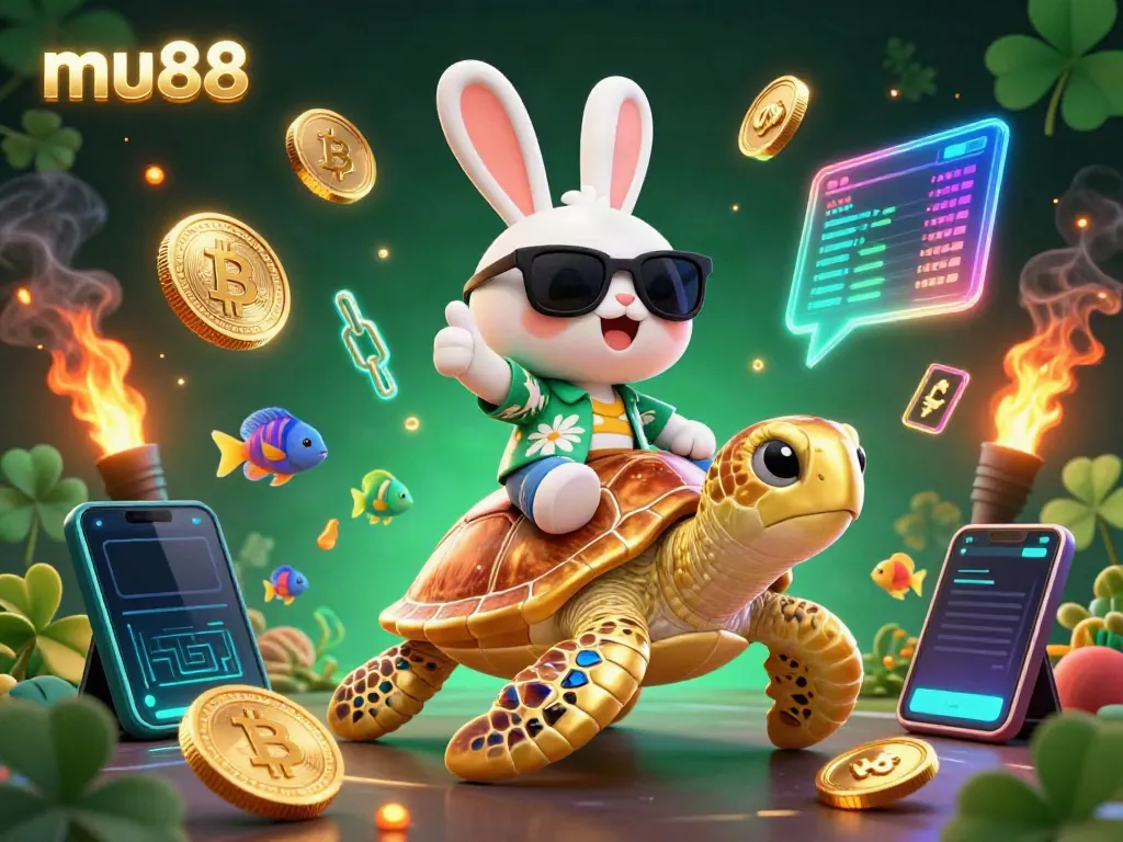 Engage in thrilling gambling with mu88, featuring a lucky rabbit and golden turtle amid colorful crypto coins.