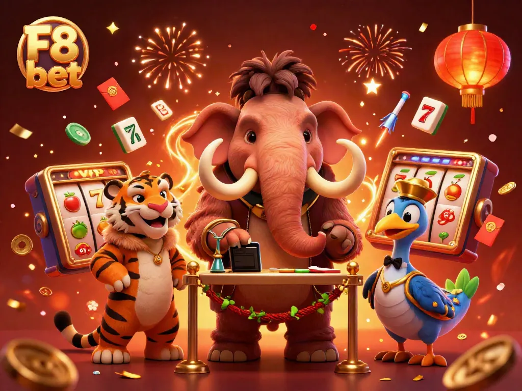 Experience the excitement of F8 bet with a vibrant casino scene featuring cartoon characters and gaming elements.