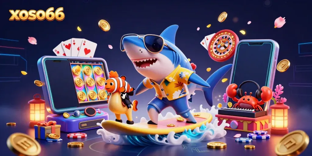 Surf the wave of fortune with xoso66’s vibrant 3D casino illustration featuring playful characters and dynamic gaming elements.