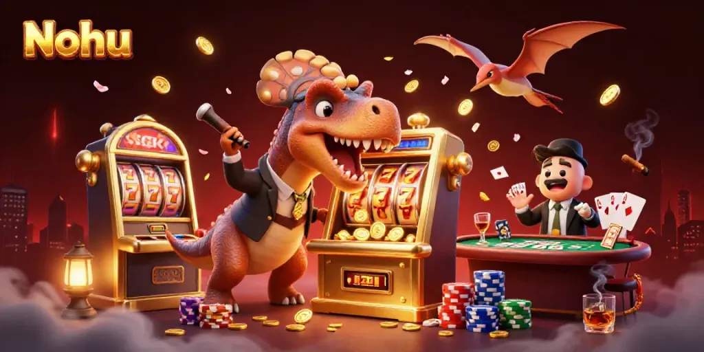 Nohu game scene with a dinosaur winning at a slot machine while coins fly through the air.