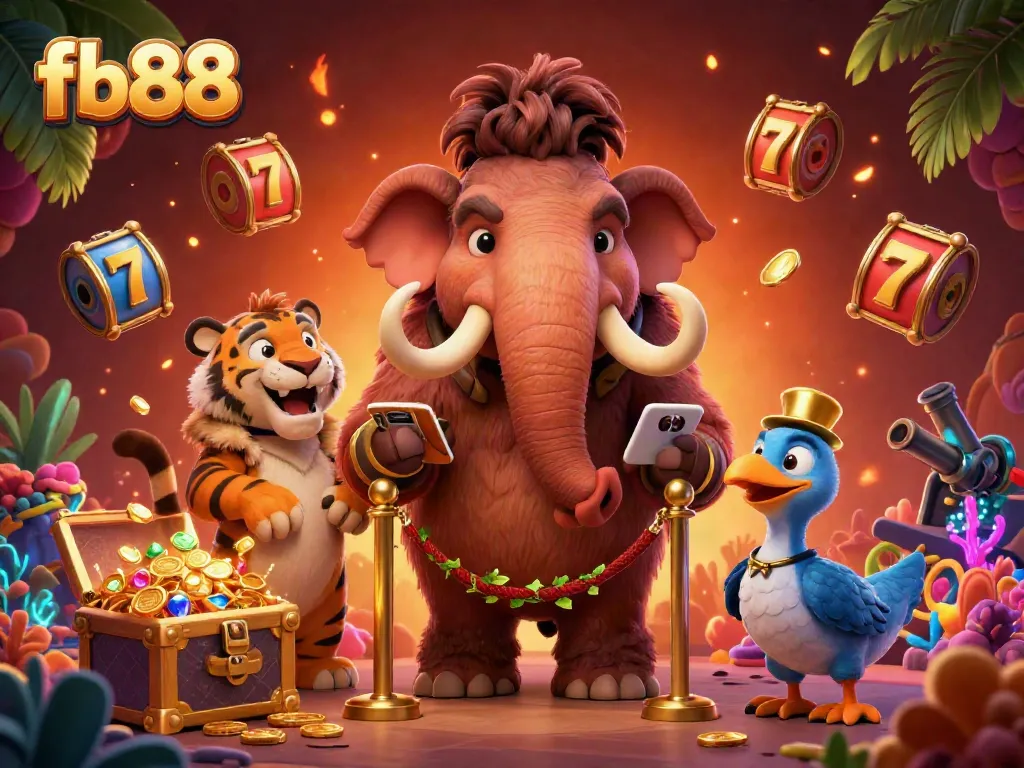 Experience the vibrant world of fb88 with a woolly mammoth bouncer and a saber-tooth tiger participant in a casino setting.
