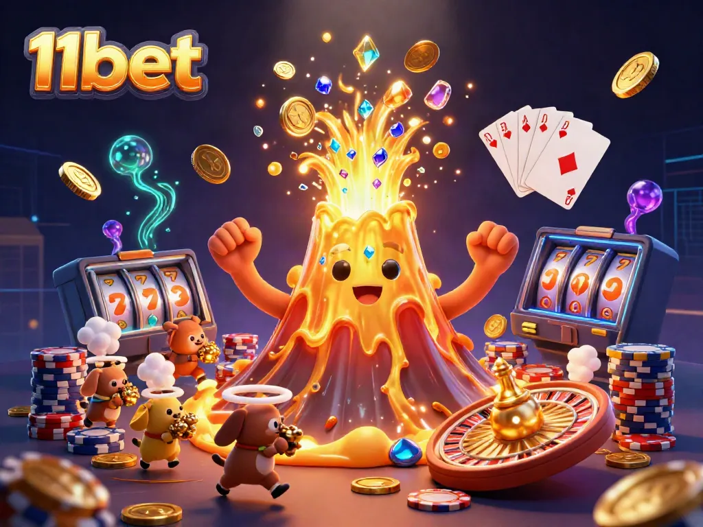 Win big at 11bet with cascading coins and treasures from a golden volcano in an engaging casino scene.