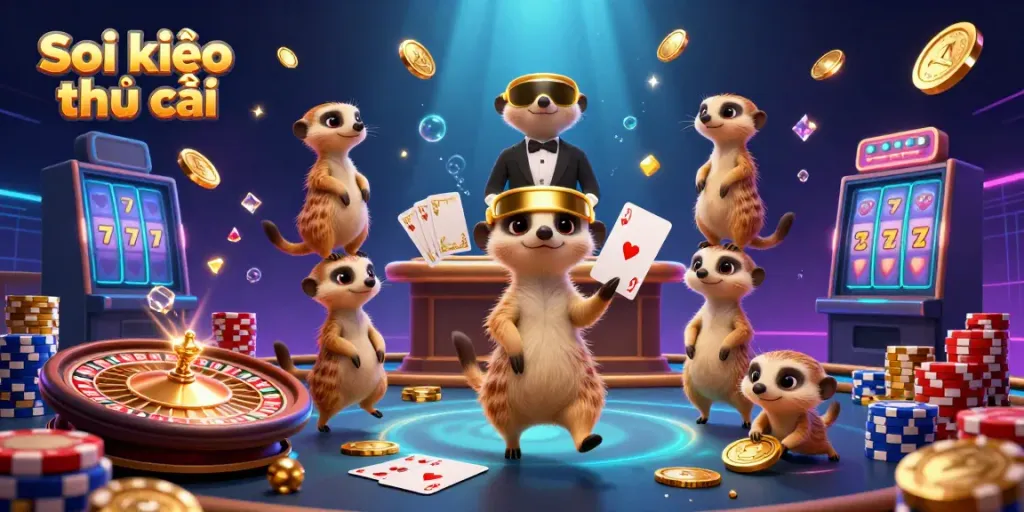 Engaging scene of Soi kèo nhà cái with meerkats running a lively casino, showcasing vibrant elements.