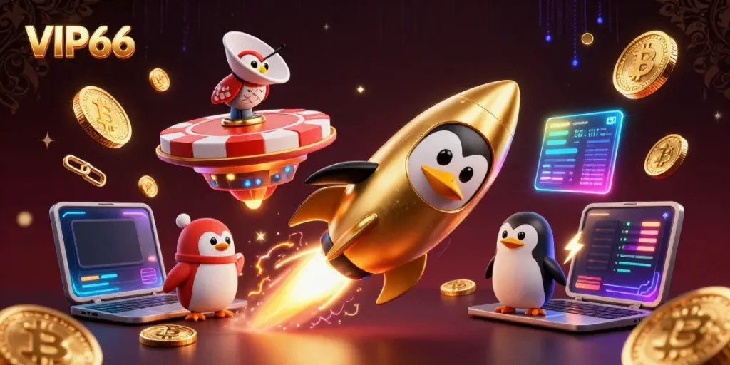 Enter the thrilling world of VIP66 with a penguin-powered rocket, racing towards a vibrant casino.
