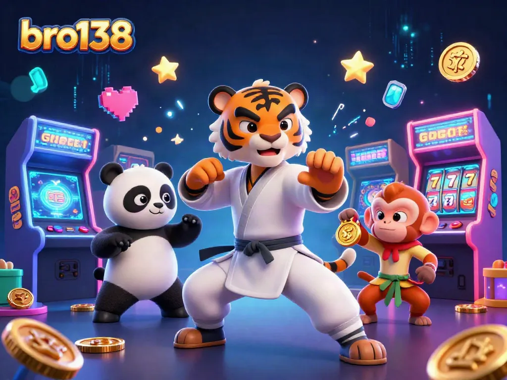 Spin to win with bro138's vibrant 3D casino illustration showcasing a kung fu tiger master and engaging game elements.