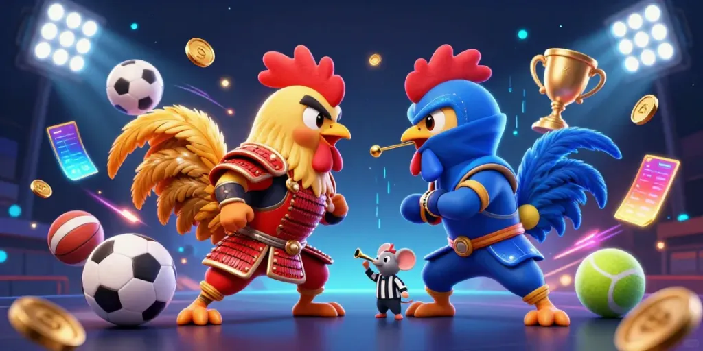 Experience the excitement with sodo66 as rooster warriors battle in a vibrant casino-themed arena.