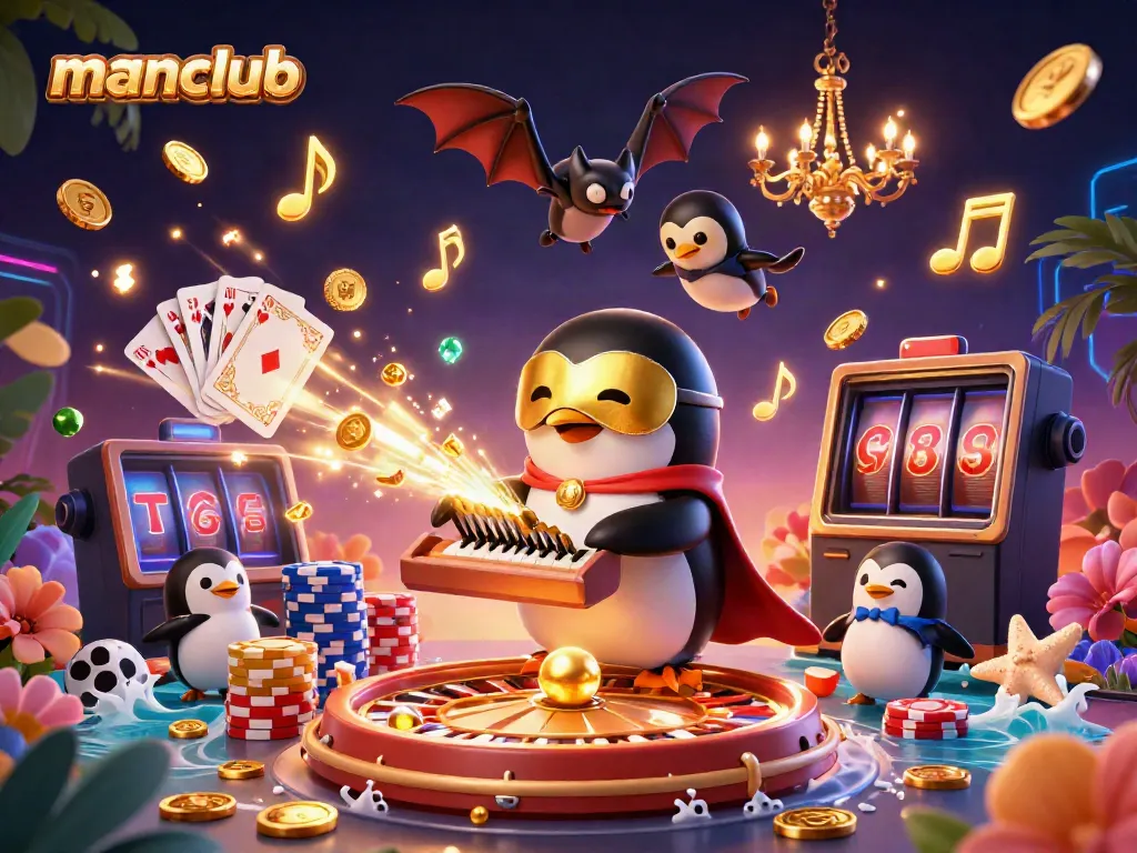 Experience winning moments at manclub with a vibrant casino scene featuring a penguin playing golden notes and spinning wheels.