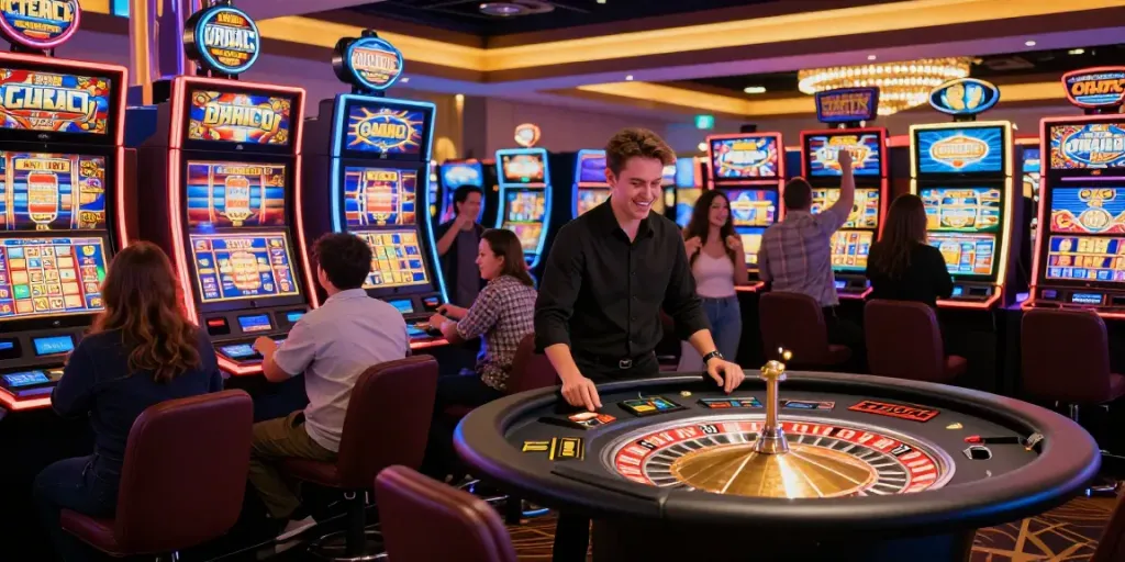 i24Slots Casino scene with players enjoying vibrant slot machines and celebrating wins.