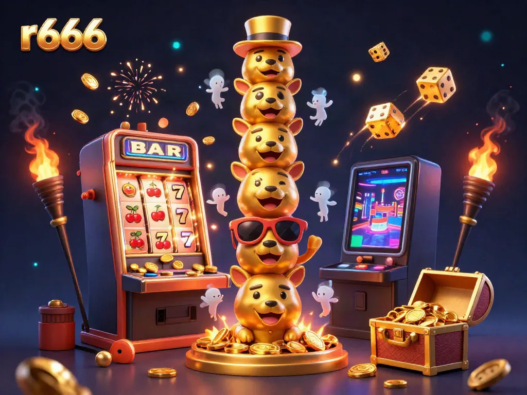 Experience the thrilling world of r666 with a vibrant 3D casino illustration featuring a golden totem and exciting gaming elements.