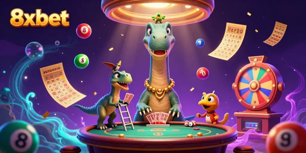 Experience the excitement of 8xbet with a cartoon brontosaurus and raptor dealer in a vibrant casino scene.