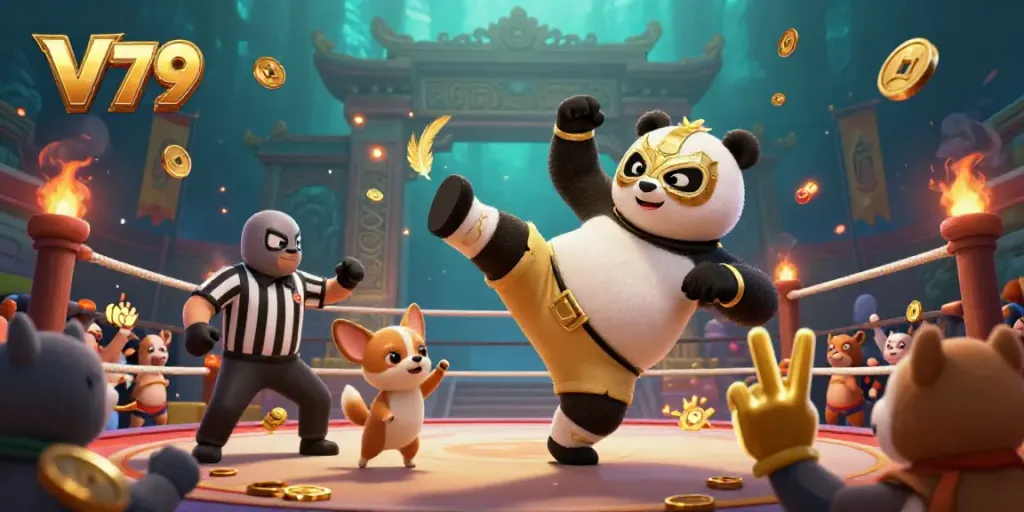 Experience the thrilling action of V 79 with a flying panda wrestler and animal spectators in a dynamic casino ambiance.