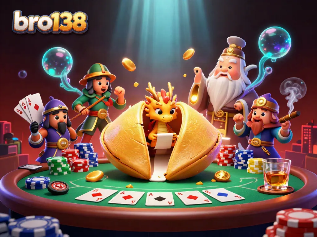 Experience thrilling gameplay at bro138 with golden fortune cookie characters amid vibrant casino elements.