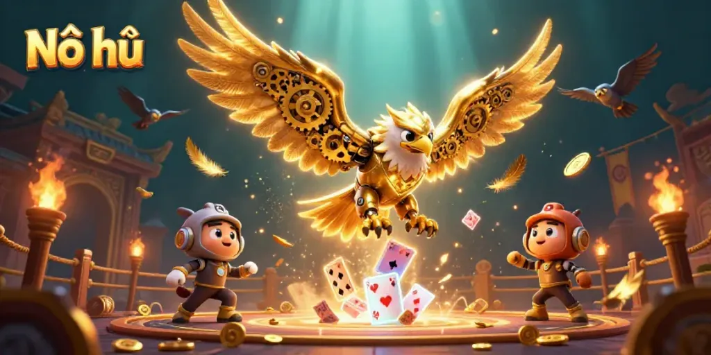 Win big with Nổ hũ in a vibrant casino scene featuring a golden eagle and jackpot elements.