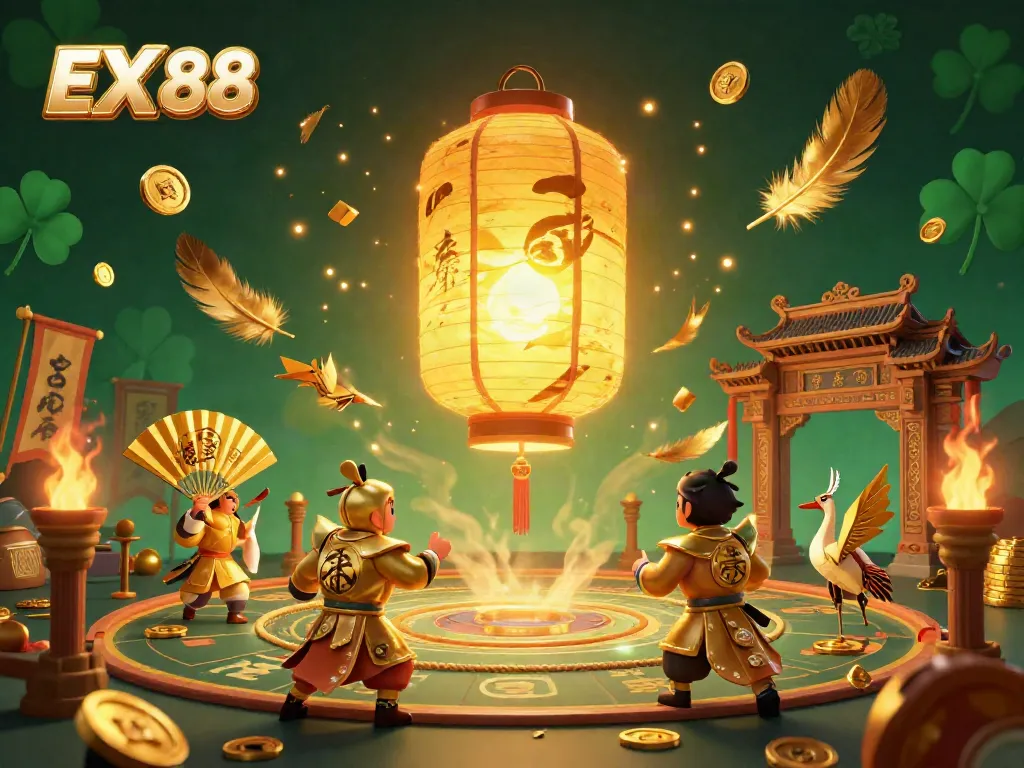 Engage with the vibrant casino world of EX 88 featuring paper fan warriors and a golden lantern spirit.