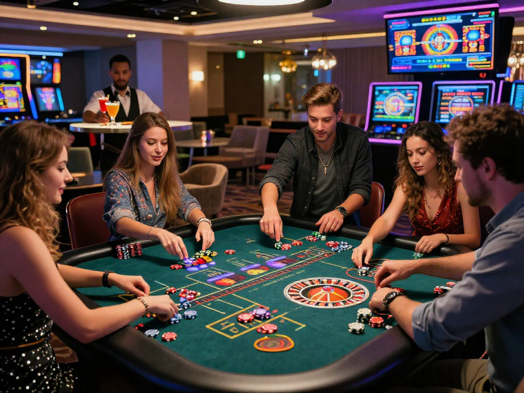 Un gruppo di amici gioca a roulette in un casinò non aams, con colori vivaci e luci LED che evidenziano l'atmosfera di festa.