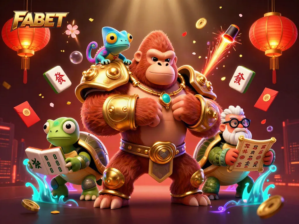 Experience FABET with a vibrant display of animated casino elements and entertaining characters.