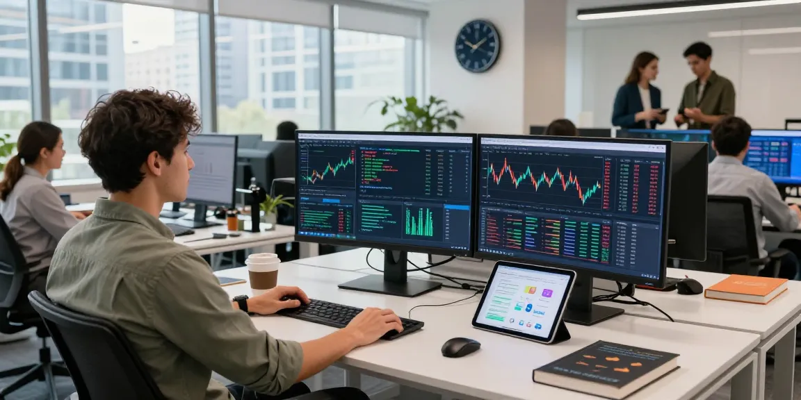 Developer using historical Kline data API in a modern office setting with financial data on multiple screens.
